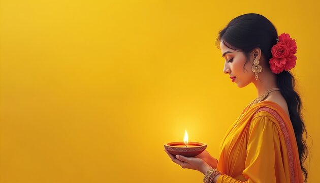 Indian woman in yellow saree holds lit diya, celebrating cultural festival. Female wears traditional jewelry, bright flower in hair. Light hope, joy, spiritual occasion. Festive mood, vibrant colors,
