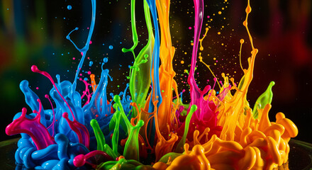Energetic explosion of vibrant liquid colors captured in a dynamic splash. Abstract art featuring a burst of multicolored paint creating a beautiful, fluid motion against a dark backdrop