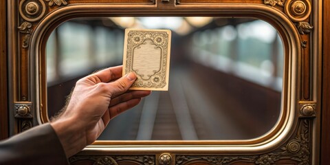 Swiss Travel A hand holds a card framed by a window, with a blurred train platform in the background.