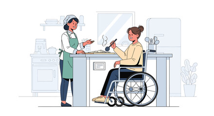 Illustration of a woman in a wheelchair cooking with assistance in a kitchen.