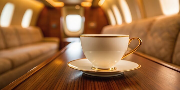 Swiss Travel Elegant tea cup on a wooden table inside a luxurious private jet interior.