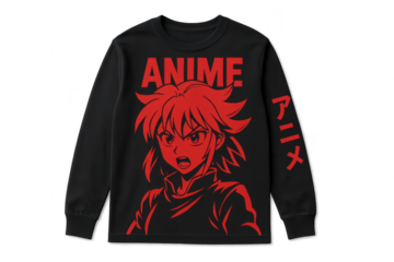 Black long-sleeved shirt with red Anime character isolated on transparent, bold