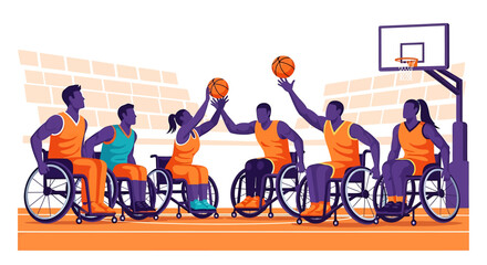 Wheelchair basketball team illustration with players in action, ready to shoot.