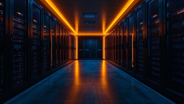 Futuristic Data Center Interior with Orange Ambient Lighting Effects