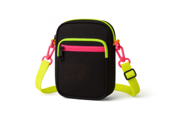 Vibrant black messenger bag with neon accents isolated on transparent backdrop