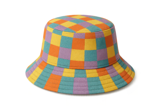 Trendy colorful checkered bucket hat isolated on a transparent background view
