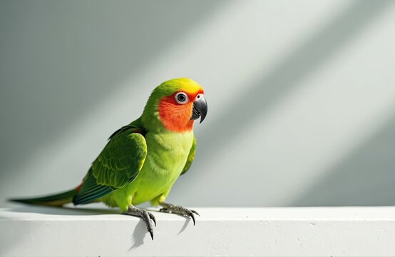 Green parrot with yellow head and red cheeks sits on white ledge. Bird looks alertly to the side, showing colorful feathers and black beak. Natural light creates shadows.