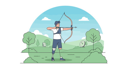 An athlete with a prosthetic leg practicing archery in a park on a sunny day.