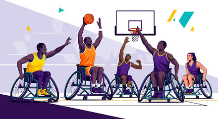 A dynamic illustration depicts a wheelchair basketball game with athletes in action, showcasing teamwork and athleticism on the court.