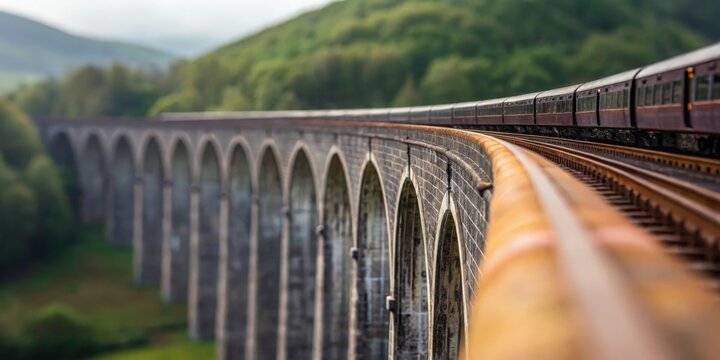 Swiss Travel A train crosses a scenic viaduct surrounded by lush green hills. - Powered by Adobe