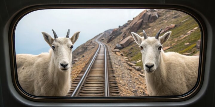 Swiss Travel Two goats peek through a train window, framing a scenic railway track in a mountainous landscape.