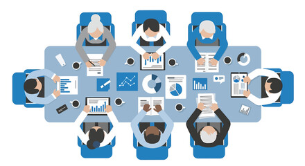 Overhead illustration of a diverse business team collaborating in a boardroom meeting with charts and devices.