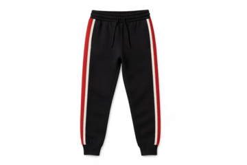 Black sweatpants with red and white stripes isolated on transparent background.