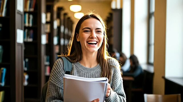 A cheerful student in a library, holding a notebook and smiling.