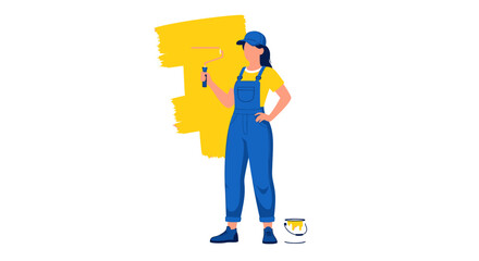 Female painter in blue overalls and a cap holding a paint roller and painting a wall yellow.