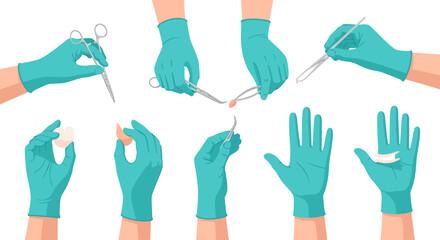 Collection of hands wearing surgical gloves holding various medical instruments and objects, illustrating medical procedures.