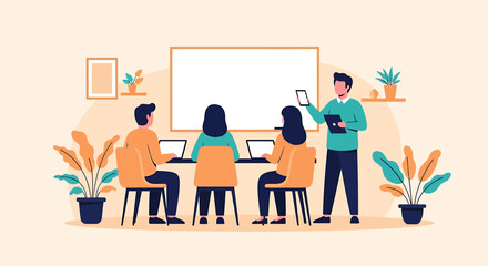 A teacher or presenter stands before a group of students or employees using laptops in a modern classroom or office setting.