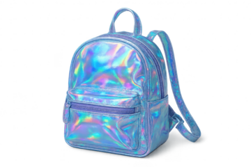 Iridescent holographic backpack isolated on transparent background, trendy item