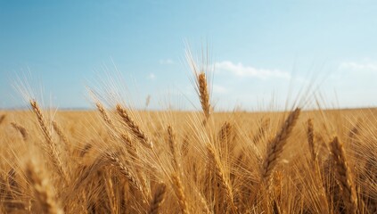Fototapeta premium Golden Wheat Field Under Clear Blue Sky on a Sunny Day
