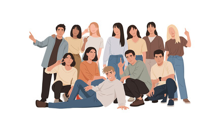 Group of diverse young adults posing together, smiling and pointing upwards, celebrating.