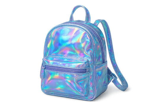 Iridescent holographic backpack isolated on transparent background, trendy item