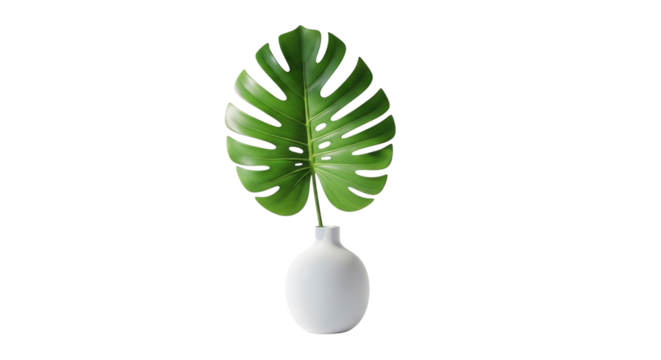 Tropical Leaf Plant in Minimalist Vase on White Backdrop  PNG Clean