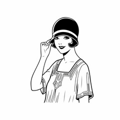 A beautiful smiling woman from the Roaring Twenties era in a stylish cloche hat, presented in a classic black and white vector line art style