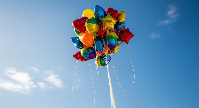 Colorful balloons floating against a clear blue sky celebration concept