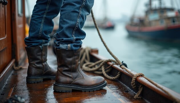 Man wearing rugged boots and jeans stands on wet wooden boat deck. Nautical ropes secure vessel. Other boats float on water in hazy background. Maritime labor. - Powered by Adobe