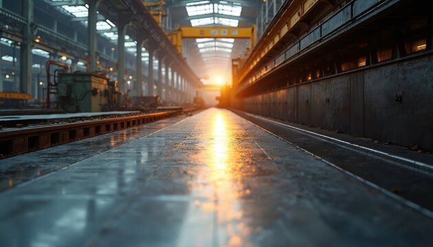 Industrial factory interior with metalwork machinery on production line. Overhead crane in large workshop space. Manufacturing plant with steel structures.