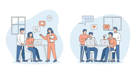 Illustration of people working together in an office setting.