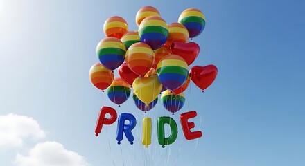Colorful balloons with pride text floating in a clear blue sky