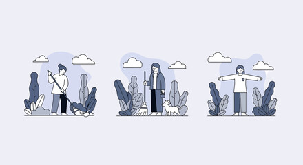 Three illustrations depicting a person engaged in cleaning activities and enjoying nature with a dog.