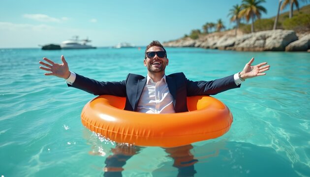 Happy man in suit enjoys summer vacation at tropical resort. Businessman relaxes on inflatable circle in blue sea water with palms behind. Holiday rest fun concept.