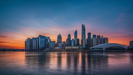 Fototapeta premium Stunning Sunset Over Modern City Skyline with Reflections in Water