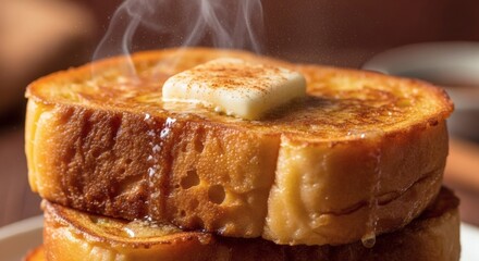 A close-up of two thick slices of golden-brown French toast stacked on a plate, topped with a melting pat of butter and a sprinkle of cinnamon