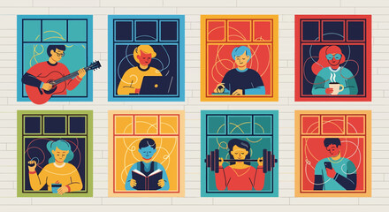 Illustration depicting people engaged in various activities, each framed within a window.
