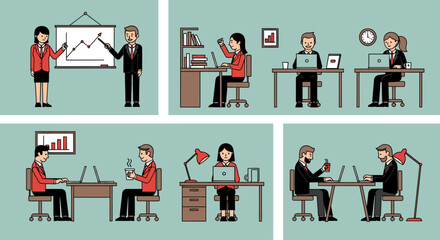 A collection of flat design vector illustrations showing various scenes of people working in a modern office environment.