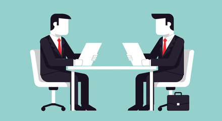 Two businessmen sitting at a table, reviewing documents, in a professional business meeting.