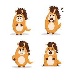 Cute horse character set with multiple emotions. Adorable cartoon horse character in various poses and moods, ideal for New Year 2026 designs, stickers, children&rsquo;s products and character packs.
