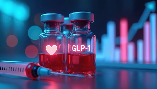 GLP-1 drug vials with heart symbol and syringe suggest hormone therapy for weight loss and diabetes. Medical chart shows health improvement. - Powered by Adobe
