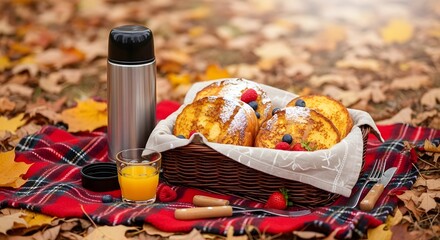 A cozy autumn picnic scene set on a red plaid blanket spread over fallen leaves