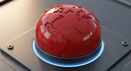 Shiny red globe with raised continents sits on a metallic surface with blue light.