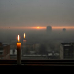 A single lit candle placed on a windowsill during sunset, with a foggy cityscape and high-rise buildings in the background creating a calm and contemplative atmosphere
