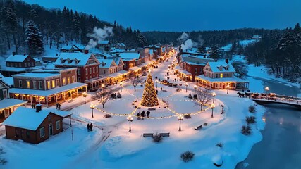 Winter village Christmas illuminated at dusk with snow-covered streets and trees   - Powered by Adobe
