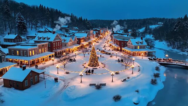 Winter village Christmas illuminated at dusk with snow-covered streets and trees  