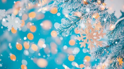 Glittering winter branch covered in frost, brightened by golden bokeh and ornate snowflake against soft turquoise setting - Powered by Adobe