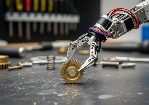 Robotic arm delicately gripping a golden gear on a textured workbench