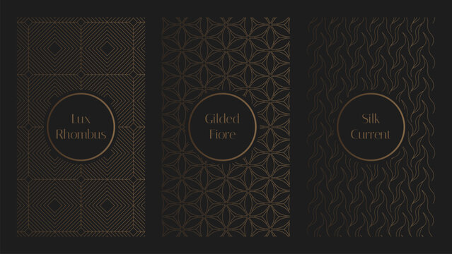Elegant set of 3 luxury seamless patterns with modern geometric gold line designs. Perfect for premium packaging, branding, invitations, wallpaper, stationery, and high-end digital or print projects.