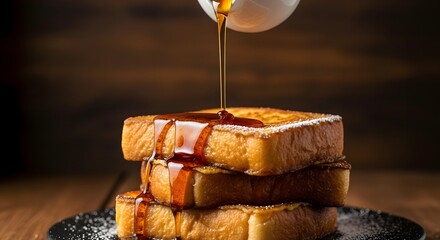 French Toast with Maple Syrup and Powdered Sugar on White Plate